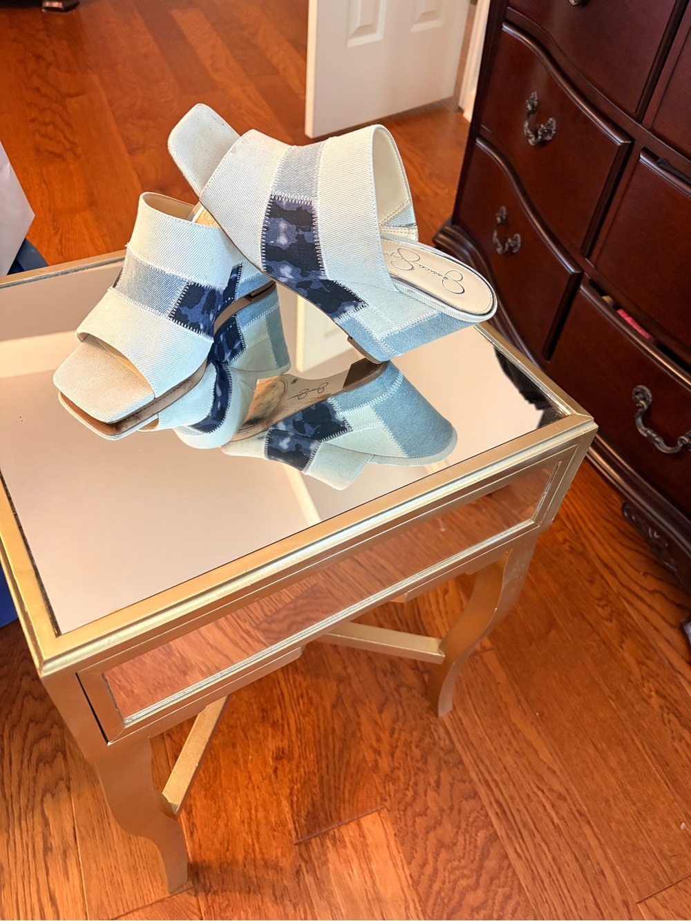 Jessica Simpson Cream and Navy Patterned Wedge Slide Sandals